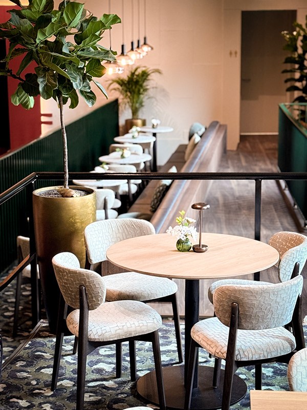 De sfeervolle inrichting van een restaurant met planten en warm licht