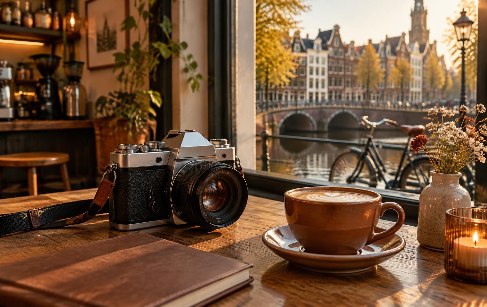 Een fotocamera op een houten tafel in een Utrechts koffiezaakje, met de grachten op de achtergrond